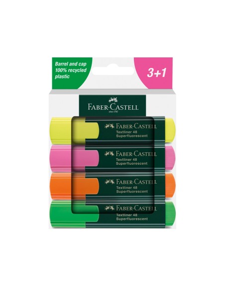 Rotulador faber castell neon txtlnr fluorescente caja de 3 + 1 unidad gratis colores surtidos