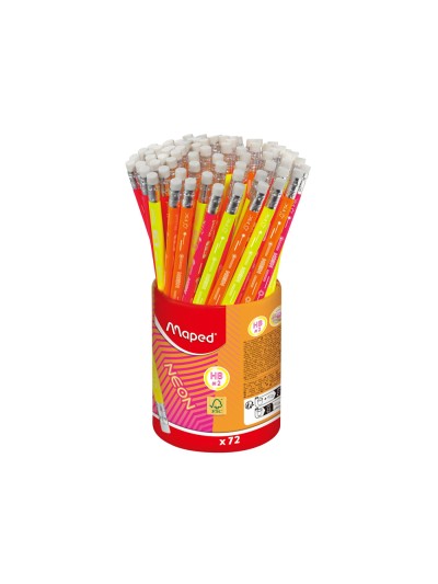 Lapiz de grafito maped neon con goma hb bote de 72 unidades colores surtidos