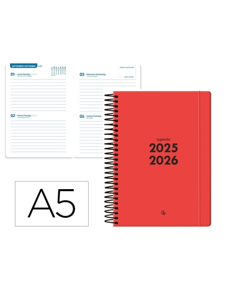 Agenda escolar liderpapel 25-26 espiral basic rojo 2 dias pagina a5 bilingüe papel fsc 70 gr
