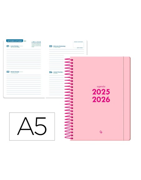 Agenda escolar liderpapel 25-26 espiral basic rosa 2 dias pagina a5 bilingüe papel fsc 70 gr
