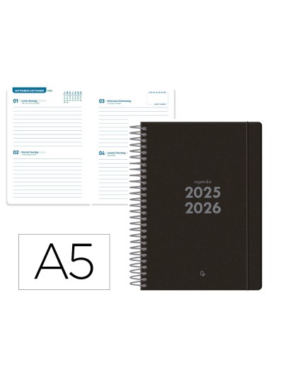 Agenda escolar liderpapel 25-26 espiral basic negro 2 dias pagina a5 bilingüe papel fsc 70 gr