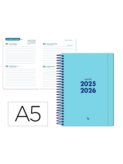 Agenda escolar liderpapel 25-26 espiral basic azul 2 dias pagina a5 bilingüe papel fsc 70 gr