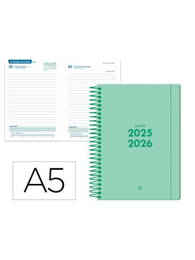 Agenda escolar liderpapel 25-26 espiral basic verde menta dia pagina a5 bilingüe papel fsc 70 gr