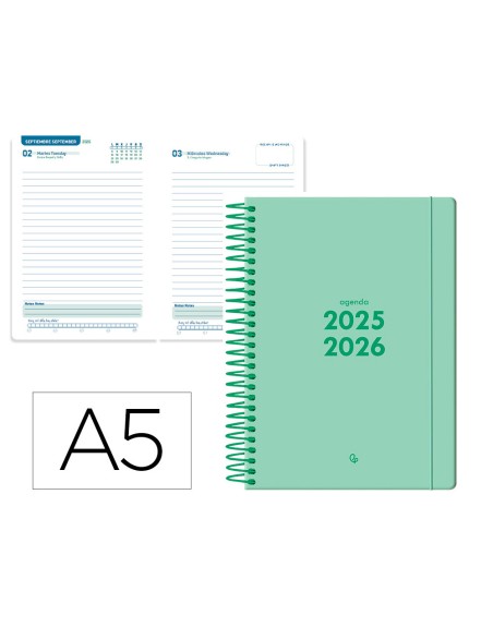 Agenda escolar liderpapel 25-26 espiral basic verde menta dia pagina a5 bilingüe papel fsc 70 gr