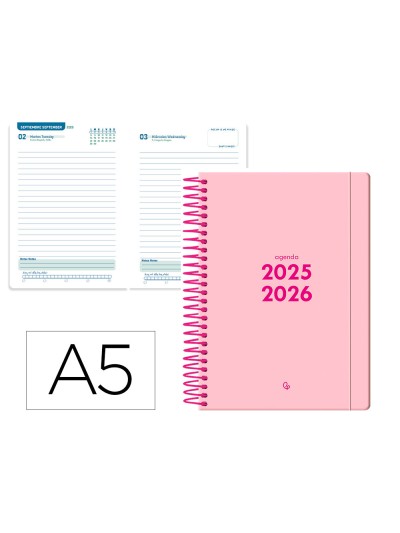 Agenda escolar liderpapel 25-26 espiral basic rosa dia pagina a5 bilingüe papel fsc 70 gr
