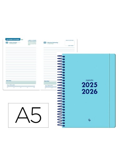 Agenda escolar liderpapel 25-26 espiral basic azul dia pagina a5 bilingüe papel fsc 70 gr