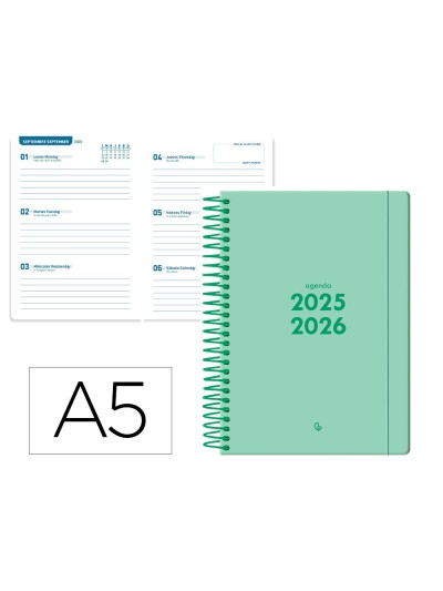 Agenda escolar liderpapel 25-2 6 espiral basic verde menta semana vista a5 bilingüe papel fsc 70 gr