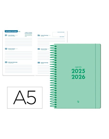 Agenda escolar liderpapel 25-2 6 espiral basic verde menta semana vista a5 bilingüe papel fsc 70 gr