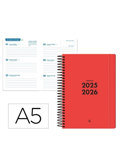 Agenda escolar liderpapel 25-26 espiral basic rojo semana vista a5 bilingüe papel fsc 70 gr