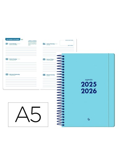 Agenda escolar liderpapel 25-26 espiral basic azul semana vista a5 bilingüe papel fsc 70 gr