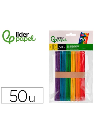 Palitos de madera liderpapel colores surtidos 15x1,8 cm bolsa con 50 unidades