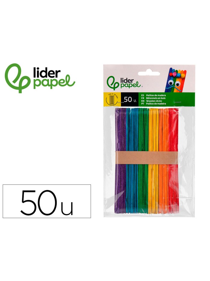 Palitos de madera liderpapel colores surtidos 15x1,8 cm bolsa con 50 unidades Palitos de madera liderpapel colores surtidos 15x1,8 cm bolsa con 50 unidades
