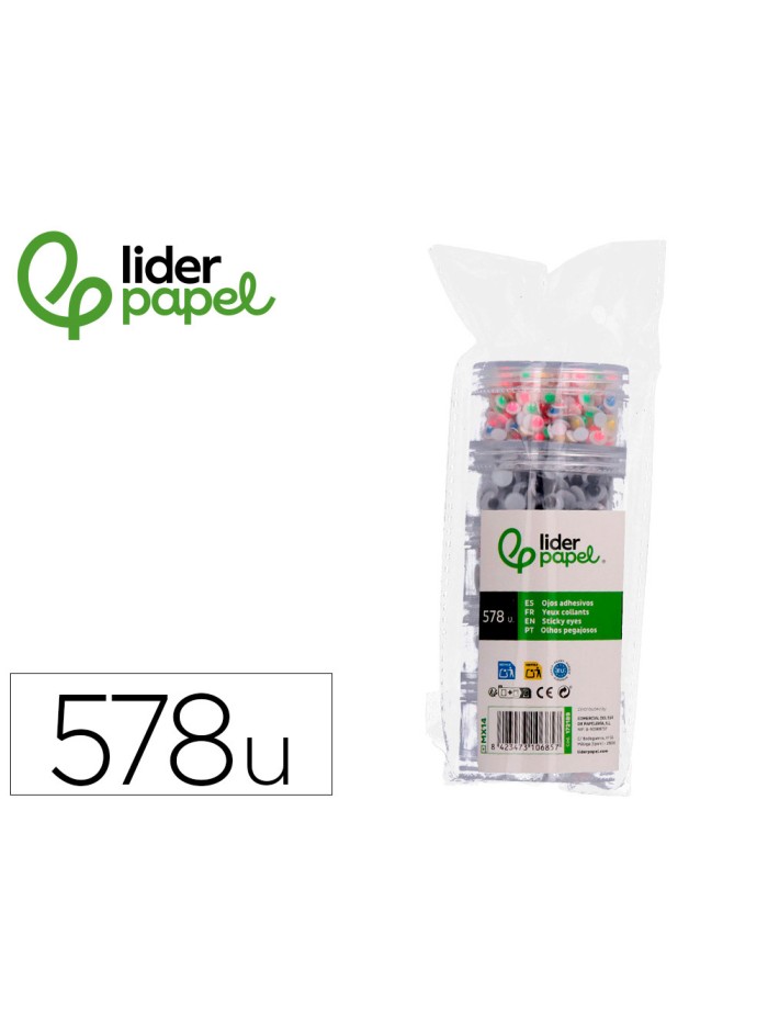 Ojo adhesivo liderpapel tamaños y colores surtidos 5 botes adaptables con 578 unidades Ojo adhesivo liderpapel tamaños y colores surtidos 5 botes adaptables con 578 unidades