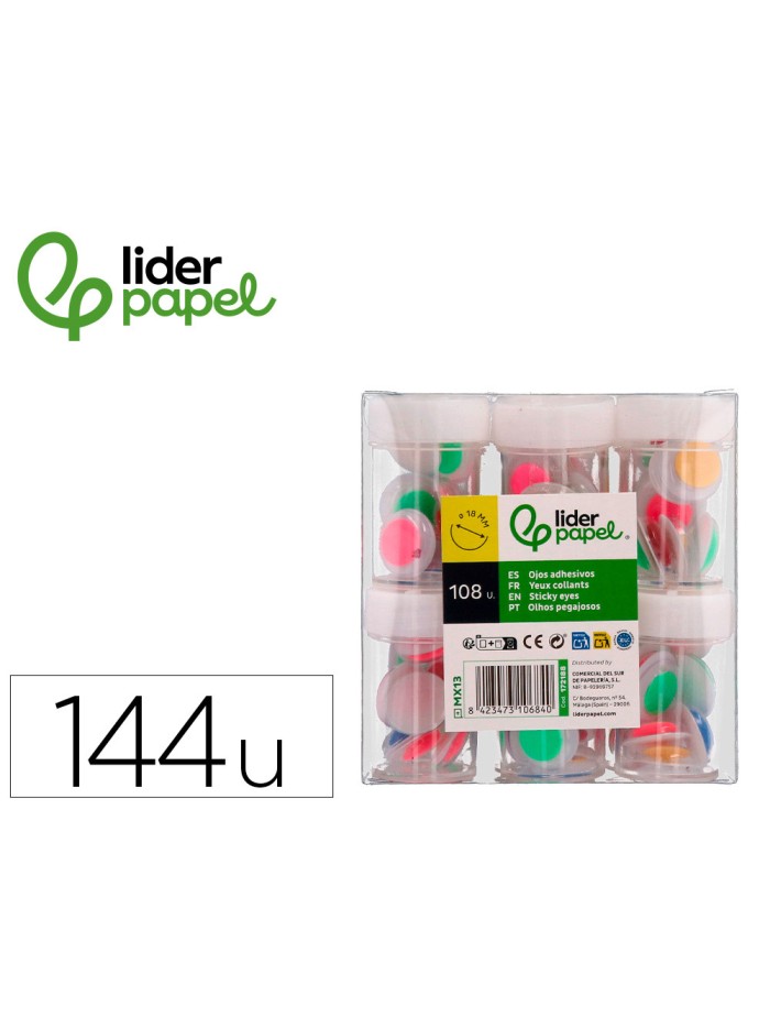 Ojo liderpapel 18 mm blanco con pupila de colores surtidos pack de 108 unidades Ojo liderpapel 18 mm blanco con pupila de colores surtidos pack de 108 unidades