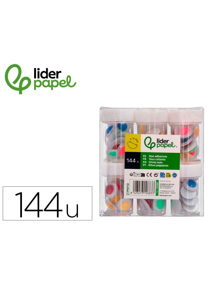 Ojo liderpapel 15 mm blanco con pupila de colores surtidos pack de 144 unidades Ojo liderpapel 15 mm blanco con pupila de colores surtidos pack de 144 unidades