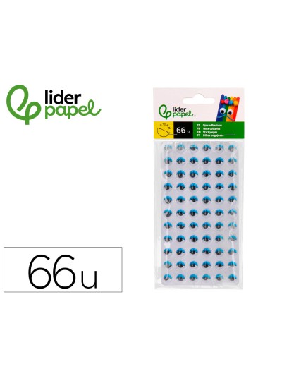Ojo adhesivo liderpapel 10 mm con pupila negra y pestaña de color azul pack de 66 unidades