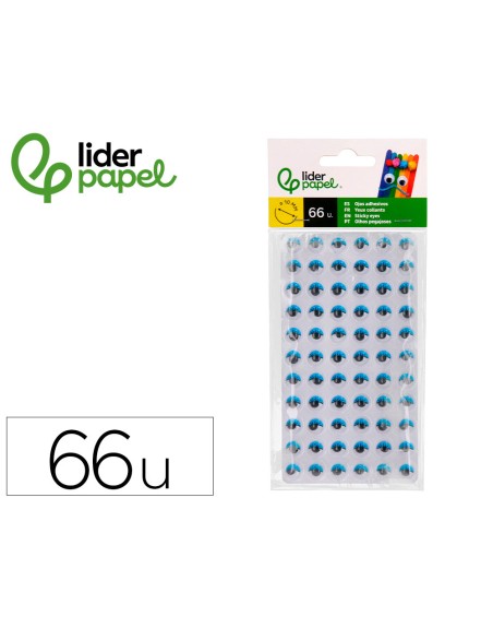 Ojo adhesivo liderpapel 10 mm con pupila negra y pestaña de color azul pack de 66 unidades