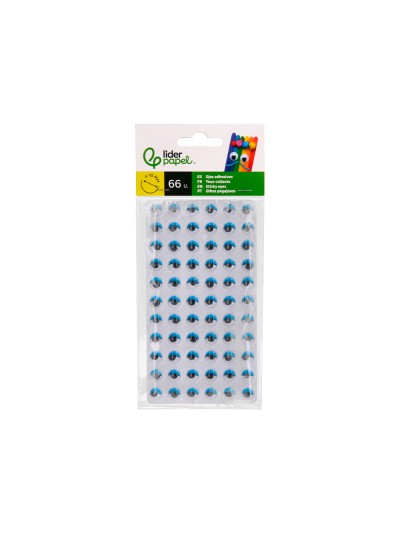 Ojo adhesivo liderpapel 10 mm con pupila negra y pestaña de color azul pack de 66 unidades