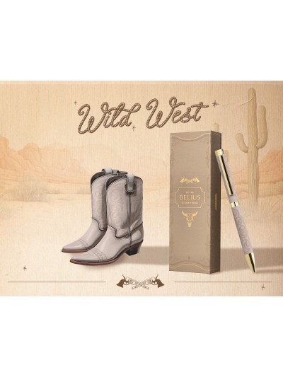 Boligrafo belius wild west aluminio color beige dorado tinta color azul caja de diseño