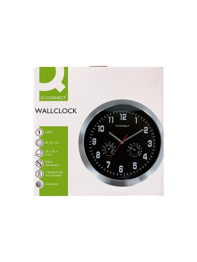 Reloj q-connect de pared metalico redondo 35,5 cm movimiento silencioso color cromado con esfera negra