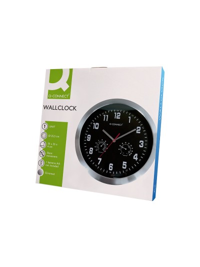 Reloj q-connect de pared metalico redondo 35,5 cm movimiento silencioso color cromado con esfera negra