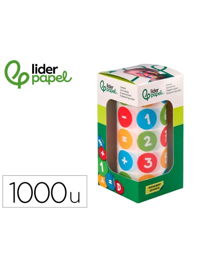 Gomets liderpapel autoadhesivo redondo numeros 20 mm colores surtidos rollo de 1000 unidades en caja de carton