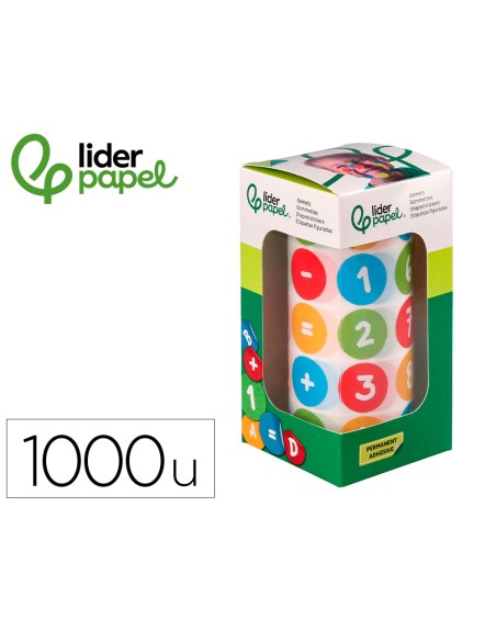 Gomets liderpapel autoadhesivo redondo numeros 20 mm colores surtidos rollo de 1000 unidades en caja de carton