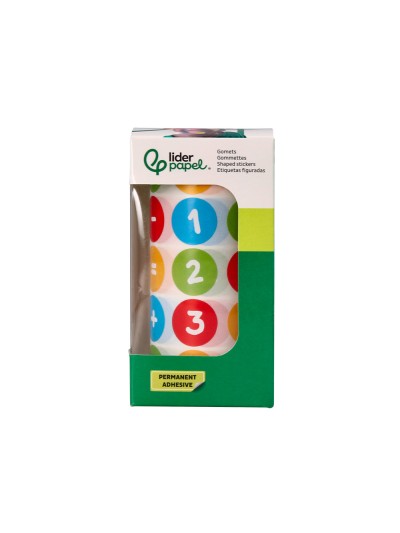 Gomets liderpapel autoadhesivo redondo numeros 20 mm colores surtidos rollo de 1000 unidades en caja de carton