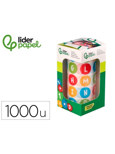 Gomets liderpapel autoadhesivo redondo abecedario 20 mm colores surtidos rollo de 1000 unidades en caja de carton