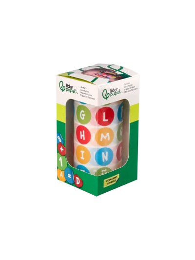 Gomets liderpapel autoadhesivo redondo abecedario 20 mm colores surtidos rollo de 1000 unidades en caja de carton