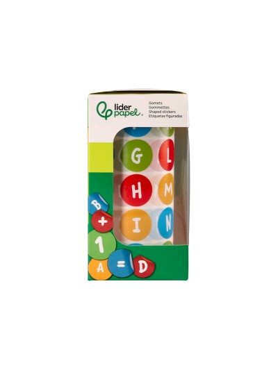 Gomets liderpapel autoadhesivo redondo abecedario 20 mm colores surtidos rollo de 1000 unidades en caja de carton