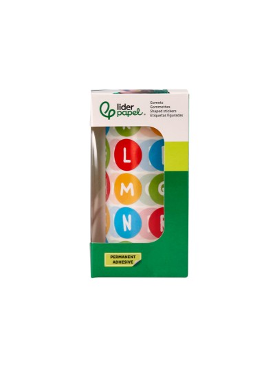 Gomets liderpapel autoadhesivo redondo abecedario 20 mm colores surtidos rollo de 1000 unidades en caja de carton