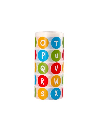 Gomets liderpapel autoadhesivo redondo abecedario 20 mm colores surtidos rollo de 1000 unidades en caja de carton