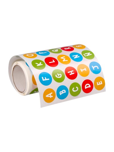 Gomets liderpapel autoadhesivo redondo abecedario 20 mm colores surtidos rollo de 1000 unidades en caja de carton