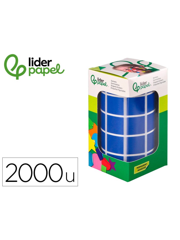 Gomets liderpapel autoadhesivo cuadrado 20x20 mm azul rollo de 2000 unidades en caja de carton Gomets liderpapel autoadhesivo cuadrado 20x20 mm azul rollo de 2000 unidades en caja de carton