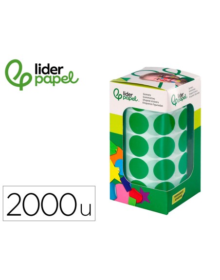 Gomets liderpapel autoadhesivo circulos 20 mm verde rollo de 2000 unidades en caja de carton