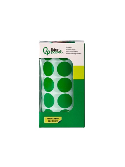 Gomets liderpapel autoadhesivo circulos 20 mm verde rollo de 2000 unidades en caja de carton