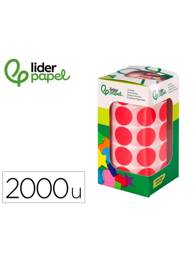 Gomets liderpapel autoadhesivo circulos 20 mm rojo rollo de 2000 unidades en caja de carton
