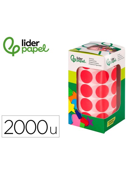 Gomets liderpapel autoadhesivo circulos 20 mm rojo rollo de 2000 unidades en caja de carton