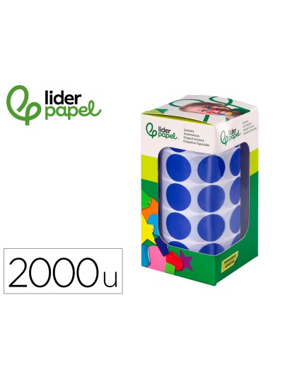 Gomets liderpapel autoadhesivo circulos 20 mm azul rollo de 2000 unidades en caja de carton