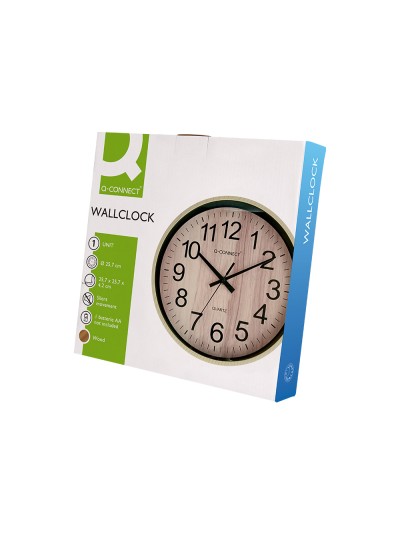 Reloj q-connect de pared de plastico redondo 25,7 cm movimiento silencioso color madera natural