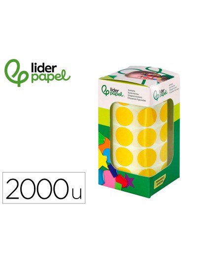 Gomets liderpapel autoadhesivo circulos 20 mm amarillo rollo de 2000 unidades en caja de carton