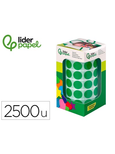 Gomets liderpapel autoadhesivo circulos 15 mm verde rollo de 2500 unidades en caja de carton