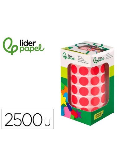 Gomets liderpapel autoadhesivo circulos 15 mm rojo rollo de 2500 unidades en caja de carton