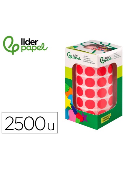 Gomets liderpapel autoadhesivo circulos 15 mm rojo rollo de 2500 unidades en caja de carton