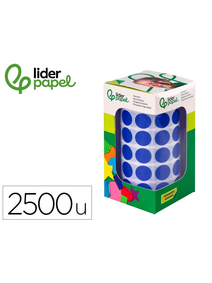 Gomets liderpapel autoadhesivo circulos 15 mm azul rollo de 2500 unidades en caja de carton Gomets liderpapel autoadhesivo circulos 15 mm azul rollo de 2500 unidades en caja de carton