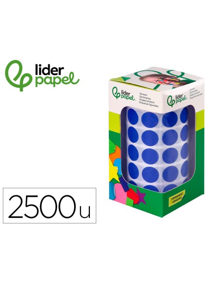 Gomets liderpapel autoadhesivo circulos 15 mm azul rollo de 2500 unidades en caja de carton