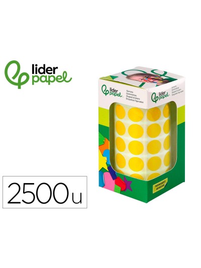 Gomets liderpapel autoadhesivo circulos 15 mm amarillo rollo de 2500 unidades en caja de carton