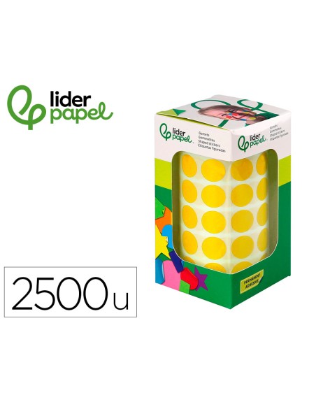 Gomets liderpapel autoadhesivo circulos 15 mm amarillo rollo de 2500 unidades en caja de carton