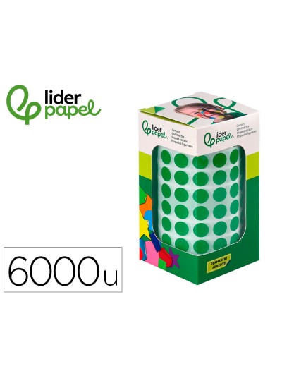 Gomets liderpapel autoadhesivo circulos 10,5 mm verde rollo de 6000 unidades en caja de carton